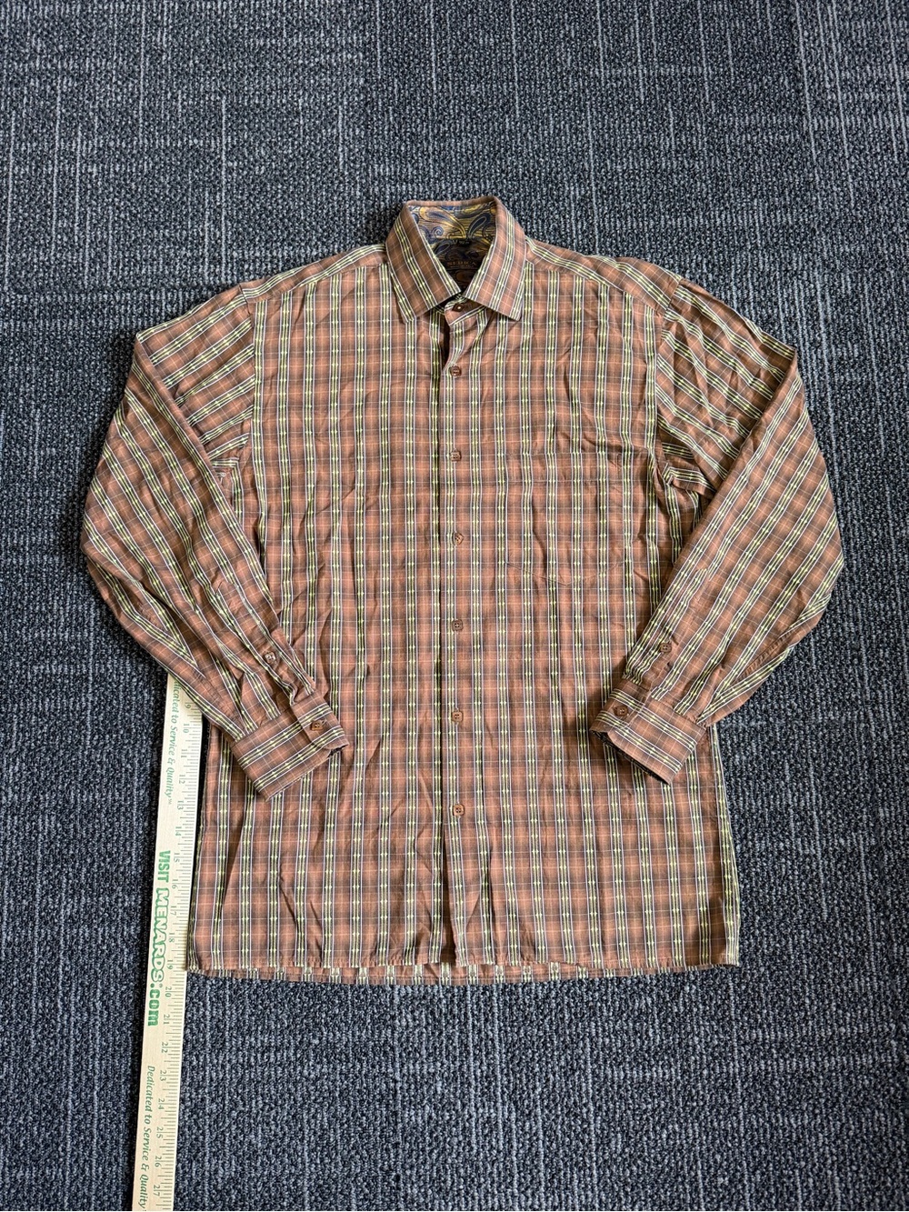 Serica Shirt Mens Medium Brown Green Paisley Striped Cotton Long Sleeve